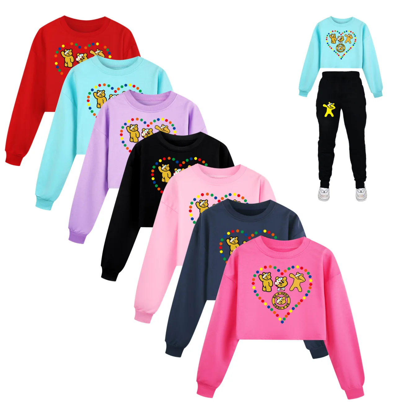 New Children Half waist loose Tees Kids Spring Clothes Shirts DO THE FLOSS pudsey Teen Girls T-Shirt Kids Casual Tops+pants sets