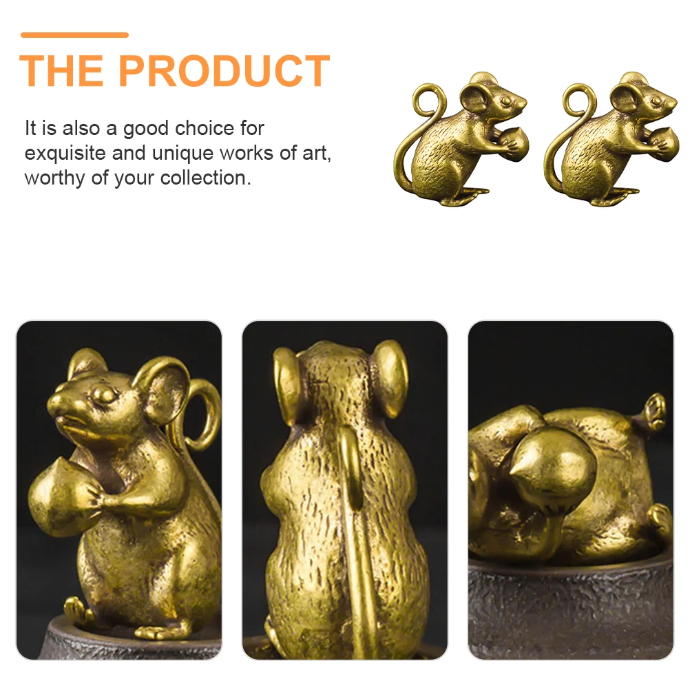 2 Pcs Office Decoration Brass Mouse Collectibles Zodiac Statue Sculpture Desktop Figurine Tabletop Car Toy