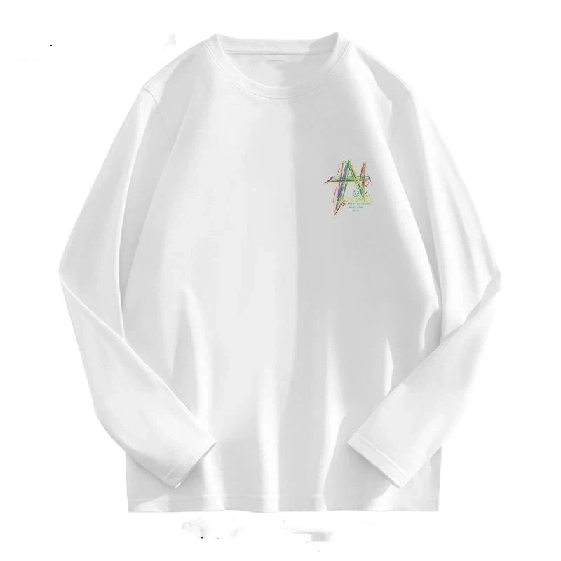

Spring and Autumn Pure Cotton Long-sleeved T-shirts Loose and Versatile Simple Printed Round Neck Tops for Men