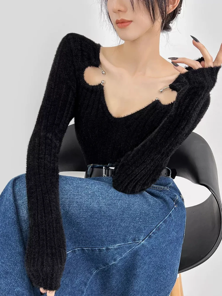 Solid Sweaters Women Slim Hole Cropped Hotsweet Daily Knitwear Spring Autumn Hipster American Style Popular Exquisite Lounge