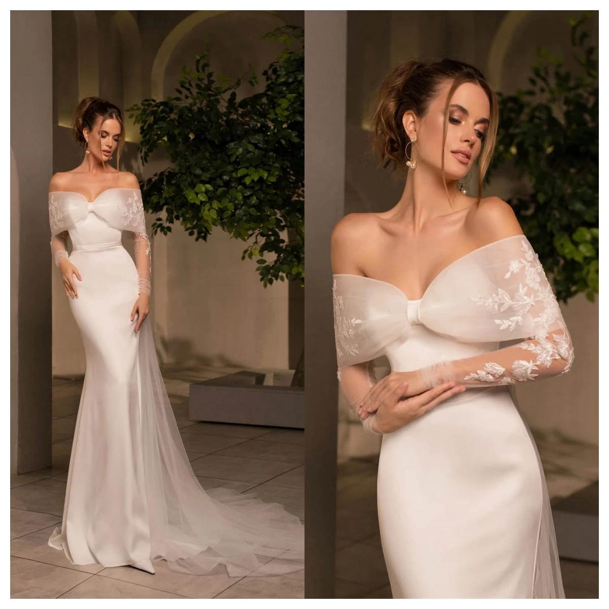 

Customized Exquisite White Satin Evening Dress Boat Neck Long Sleeves Bespoke Occasion Gowns Wedding Dress Temperament