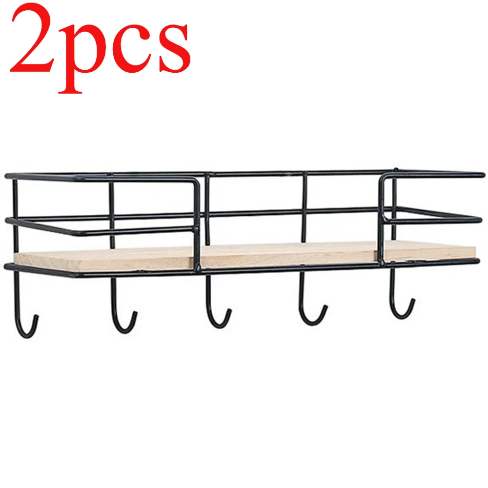 

2pcs for Iron+Wood Kitchen And Living Room Wall Decoration Key Hook Storage Rack Storage Shelf Hollow Design