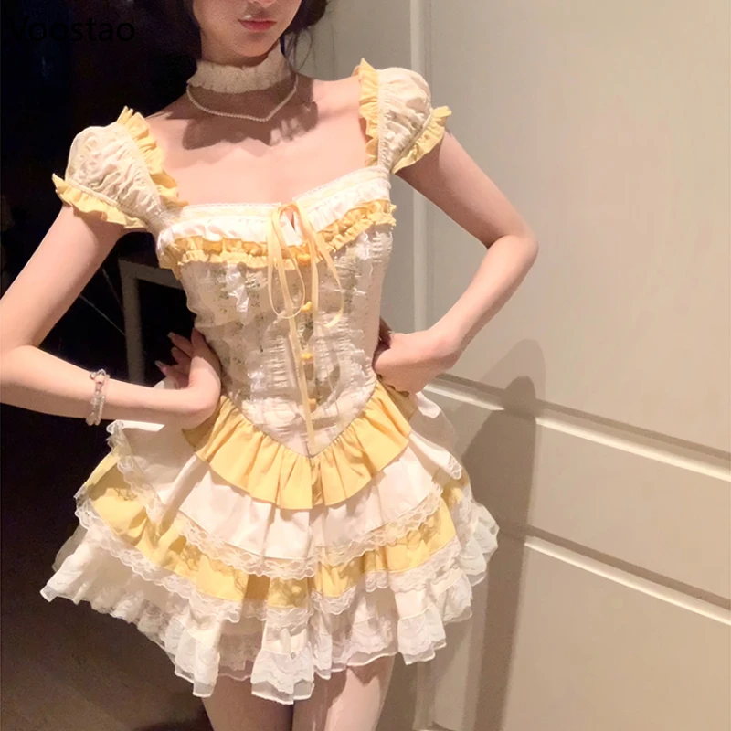 Sweet Lolita Party Mini Dress Women Kawaii Y2k Lace Ruffles Puff Sleeve Slim Princess Dress Female Korean High Waist Dresses