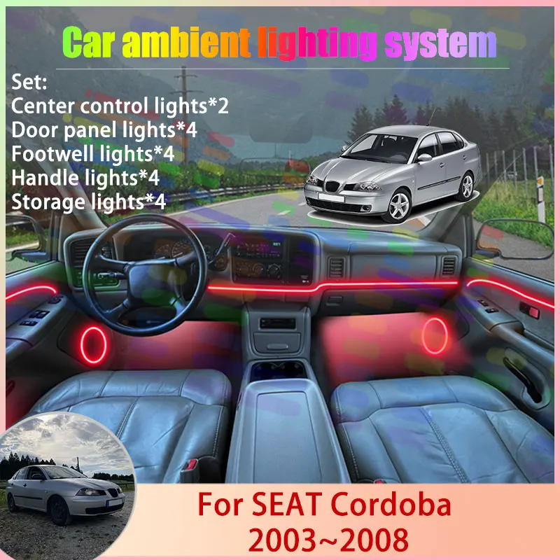 Para SEAT Cordoba 2003~2008 MK2 6L 2004 2005 2006, Juego de Luces Ambientales para Coche 2/24 en 1, Lámpara RGB con Efecto de Sombra, Conjunto de Luces Ambientales