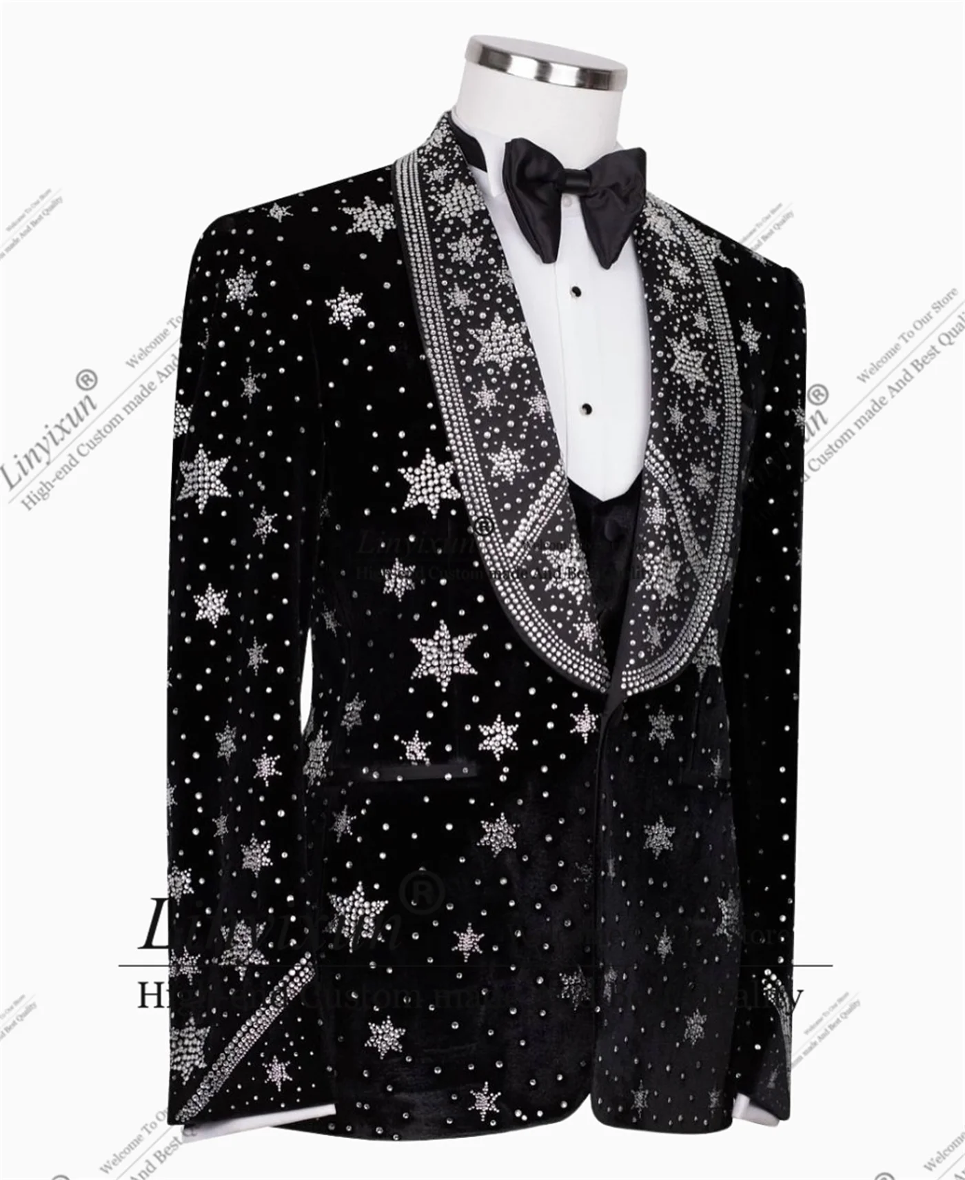 Shiny Velvet Men Suits With Beaded Crystal Groom Wedding Tuxedos 3 Pieces Sets Male Prom Party Blazer Customized Costume Homme