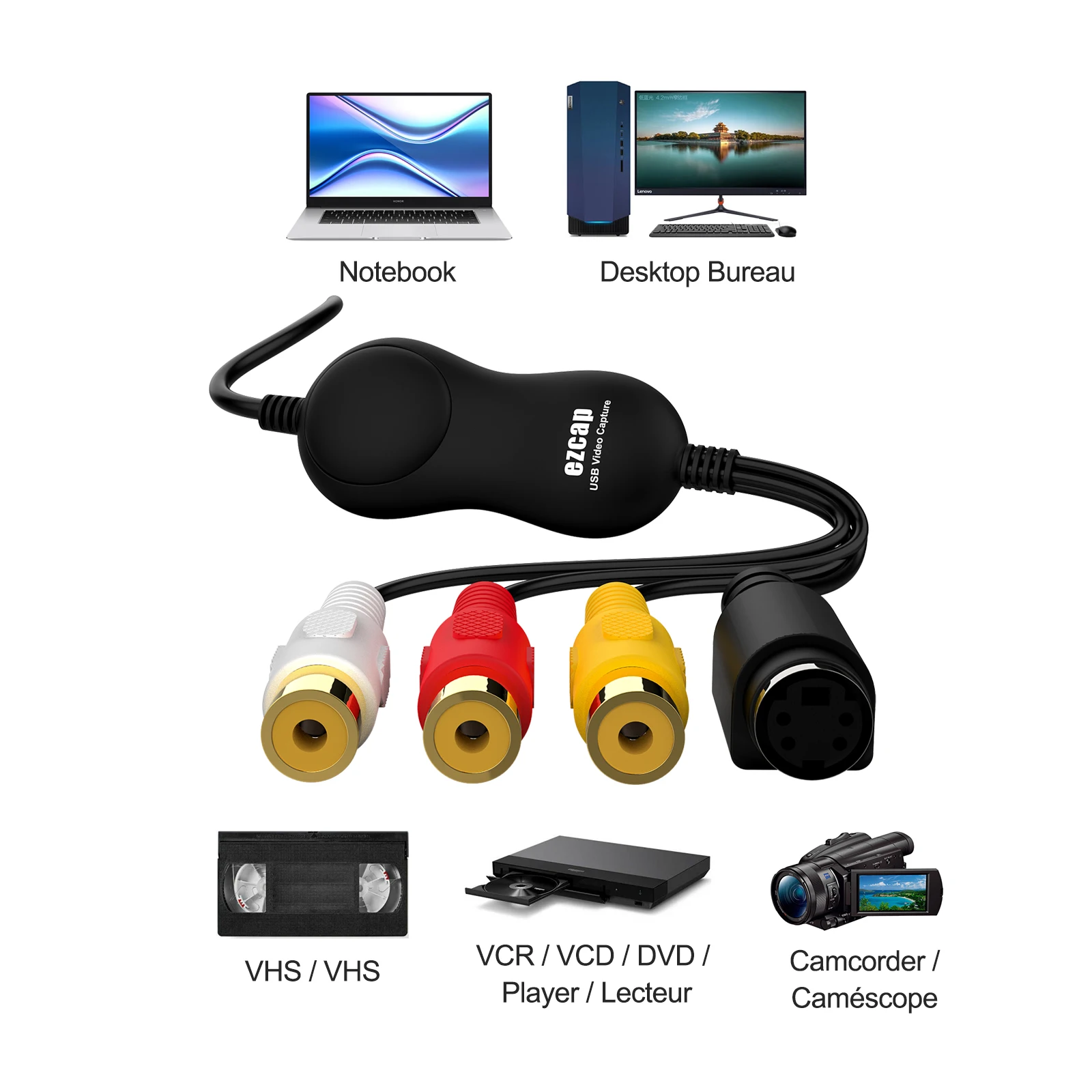 Ezcap158 USB2.0 UVC Video Capture Card VHS to DVD Converter Analog Video Grabber for Windows MAC OS Live Streaming OBS Recording