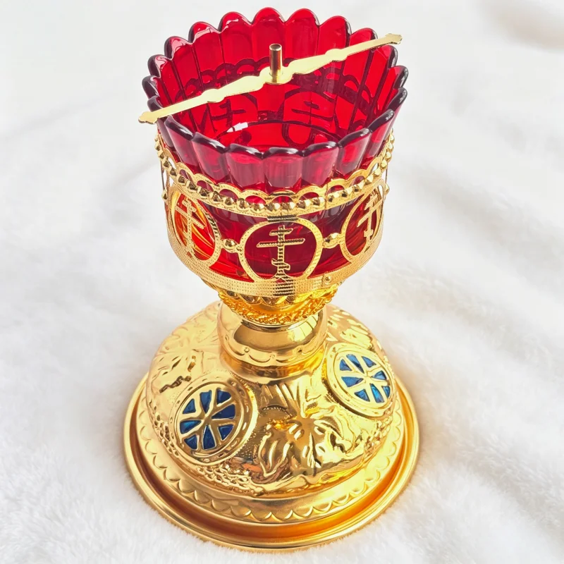 Traditional Byzantine Vigil Lamp Gold Metal Red Glass Lampada Standing Candle Holder for Church Altar Christian Religious Gift