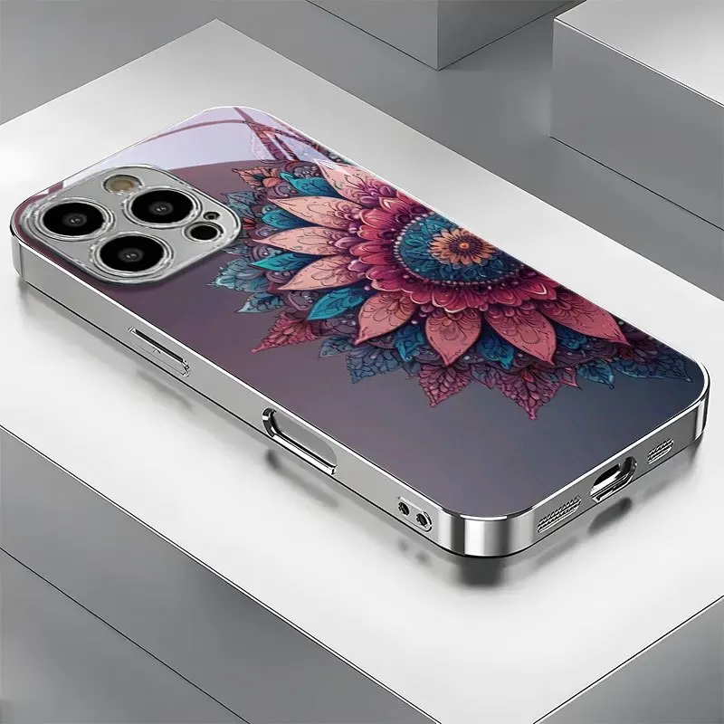 Colorful sunflower flower pattern silver-plated glass phone case, suitable for iPhone 17, 16, 15, 14, 13, 12, 11, etc.
