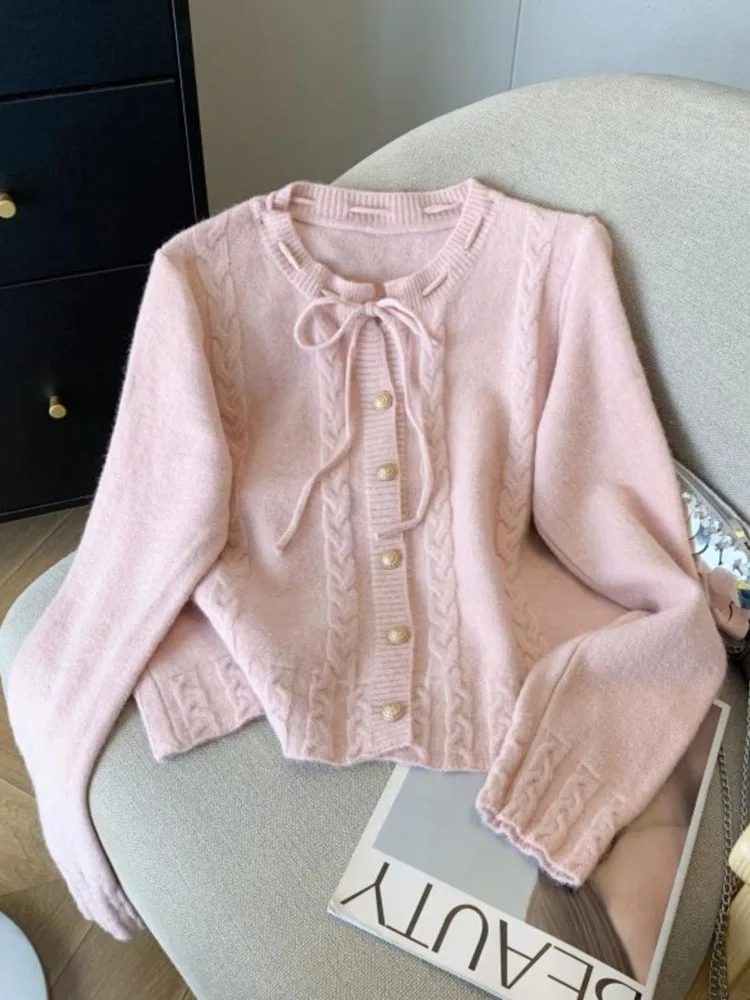 

Мягкий восковой свитер на шнуровке с круглым вырезом в корейском стиле, вязаный кардиган с длинными рукавами в нежном стиле