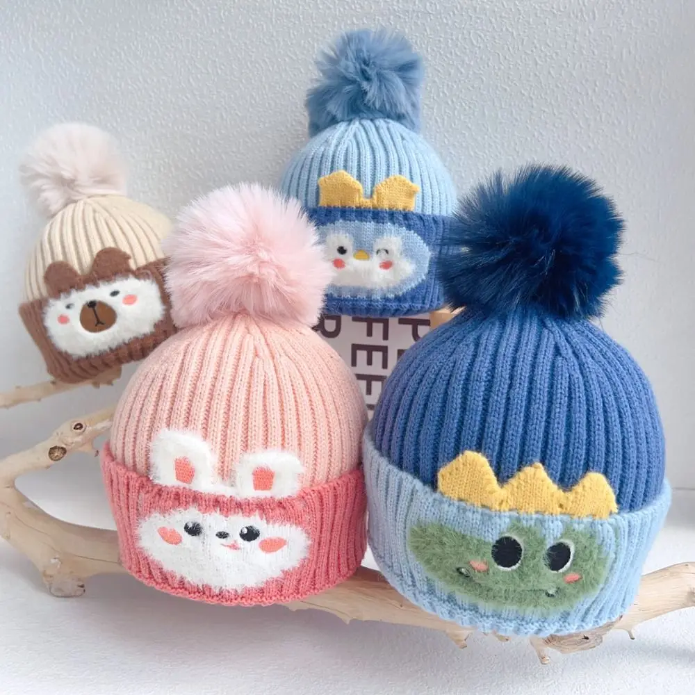 

Fashion Cartoon Knitted Pompon Hat Windproof Thickened Beanies Cap Keep Warm Ear Protection Cap for Kids