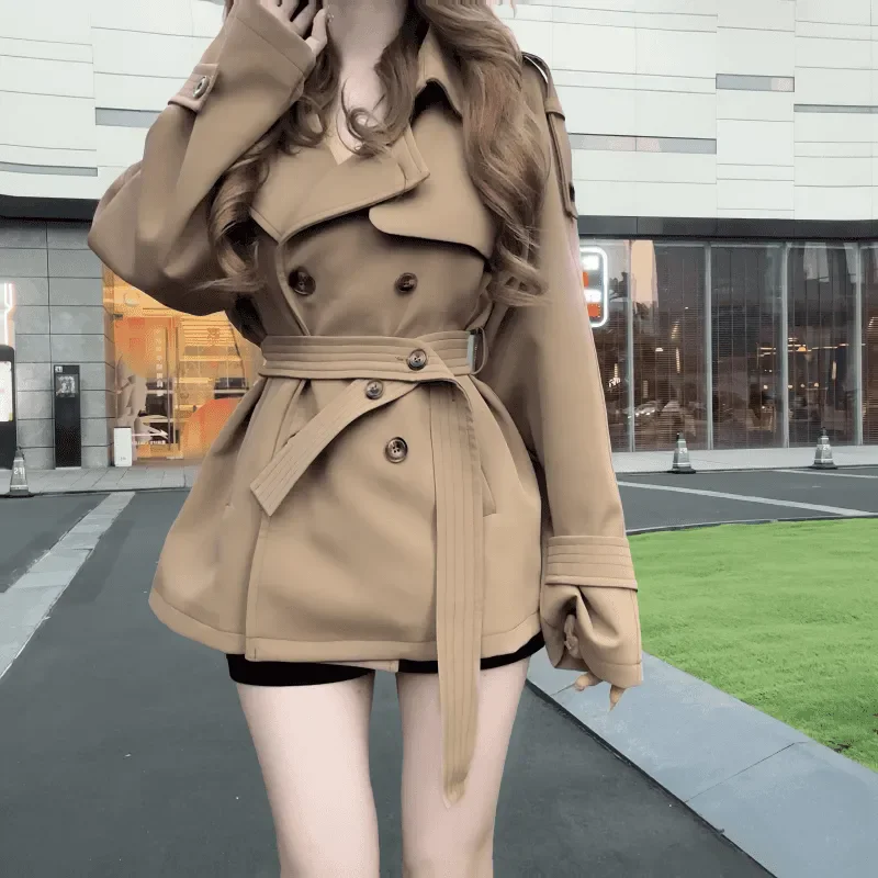 Chique casual curto trench coat jaqueta feminina outono inverno nova moda duplo breasted design cintura emagrecimento blusões