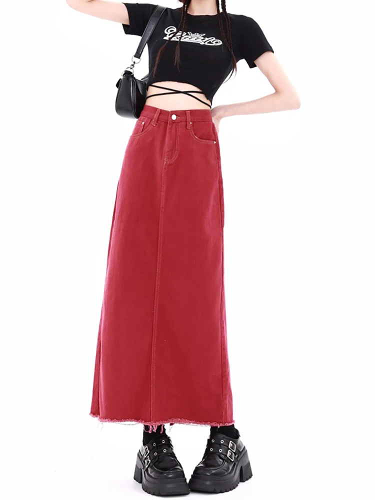 Women's Red Gothic A-line Denim Skirt with Slit Vintage Y2k Long Cowboy Skirts Harajuku Korean Jean Skirt 2000s Clothes Summer