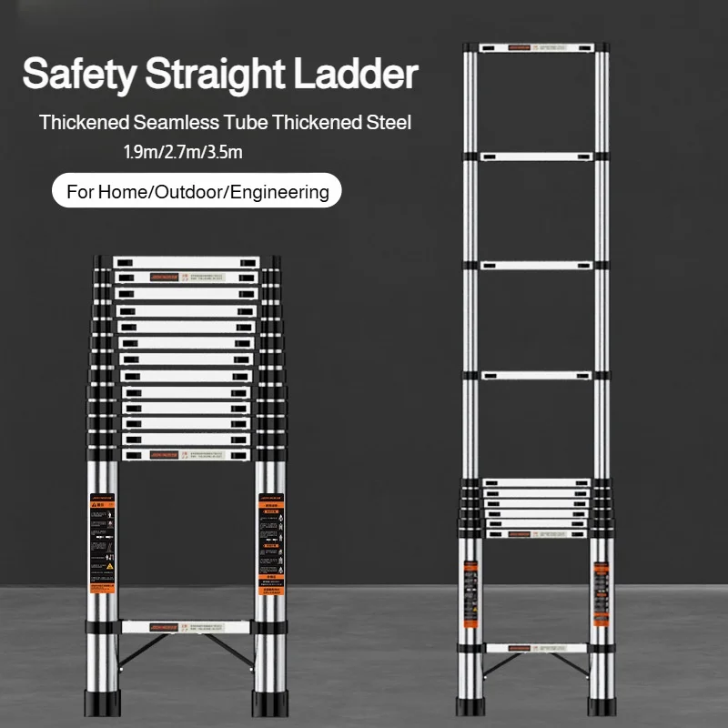 1.9/2.7/3.5m Stainless Steel Lifting Telescopic Straight Ladder  Thickened Multifunctional Safety Ladder Household Industry Use