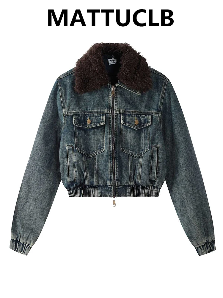 

Зимняя женская джинсовая куртка 2000-х годов Y2k в американском стиле ретро из овечьей шерсти, укороченная куртка-гонщик, японская ковбойская верхняя одежда в стиле Харадзюку, дизайн в стиле гранж