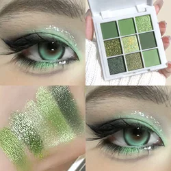 9-18 color eyeshadow palette, green and gold tones, matte and glitter effects, high color sequin eye makeup, waterproof and long