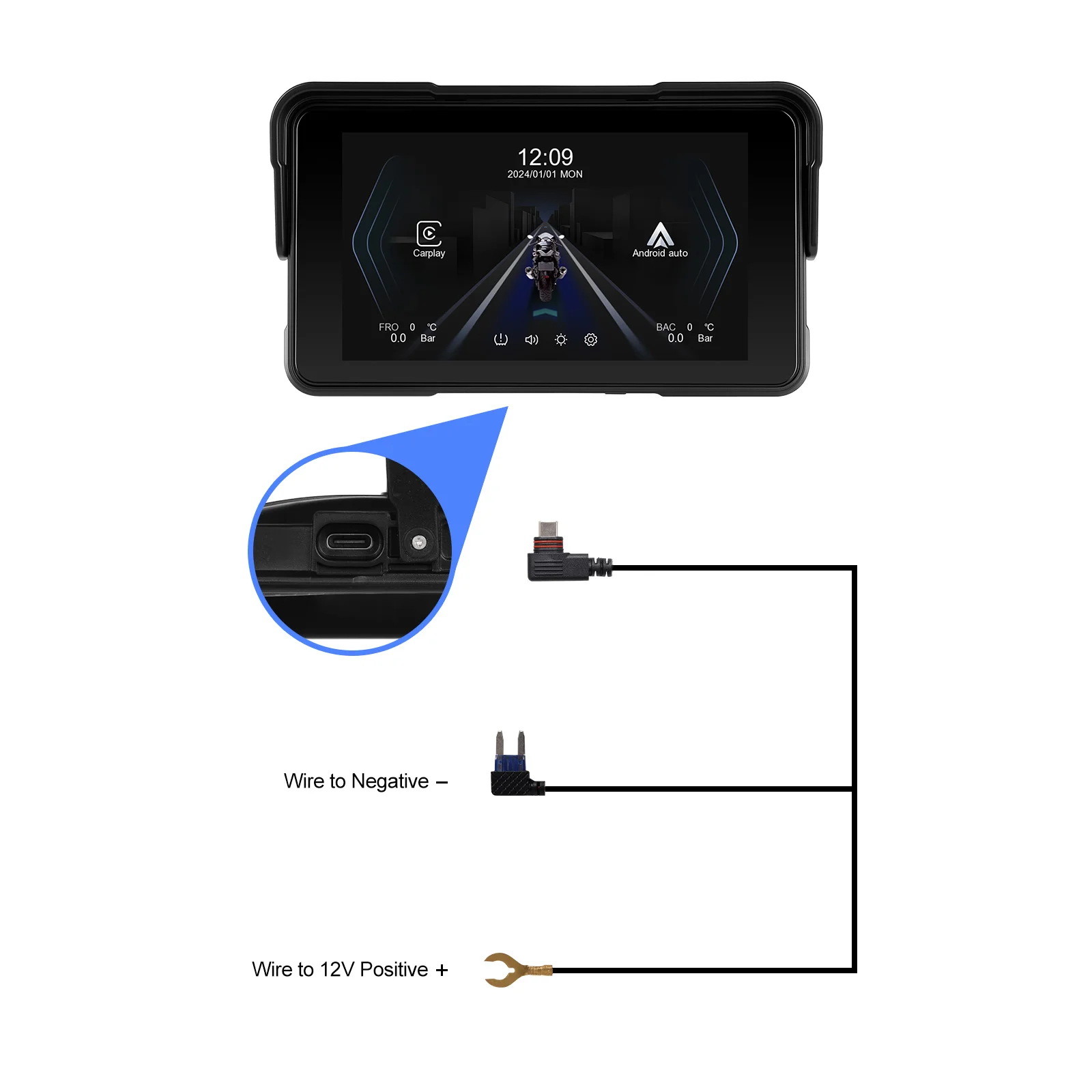 Podofo Motorrad Kabelloses Carplay Android Auto 5'' Smart Screen Player IP68 Wasserdicht Reifendrucküberwachung Helligkeitseinstellung – Detail 12