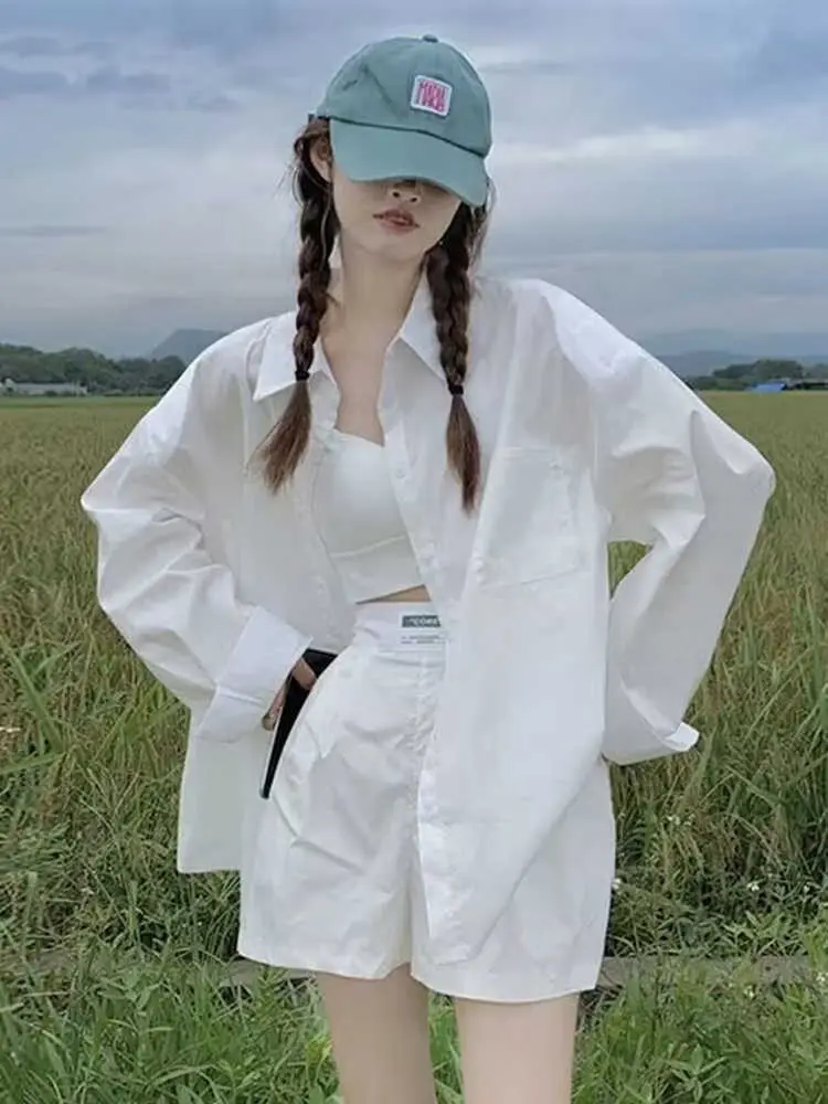 

White Long Sleeve Shirt Women's Early Spring Loose Sun Protection Outerwear Top Small Size Outer Jacket Commute Style Korean ...