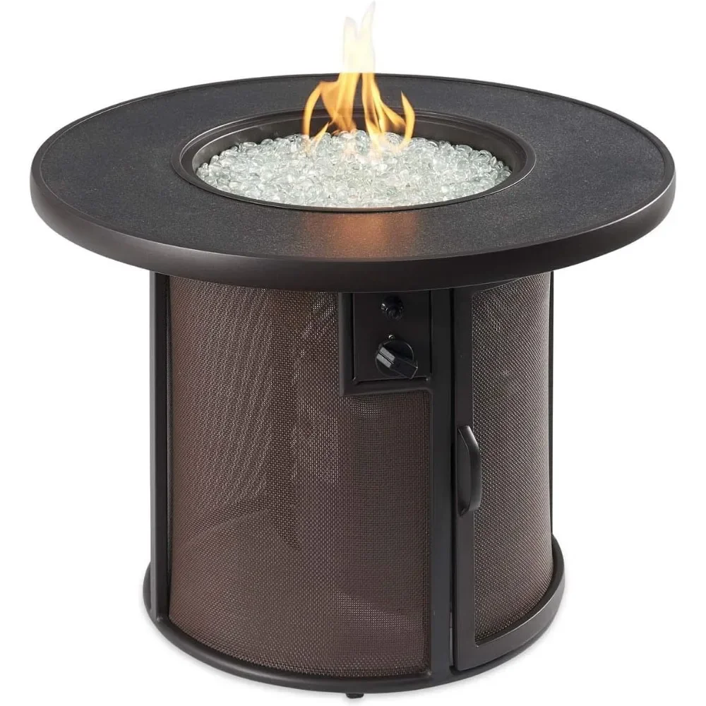 

31" Fire Pit Table, Matching Tabletop Cover, Aluminum Frame Mesh Base, 55,000 BTU, Round Composite Stonefire Gas Fire Pit