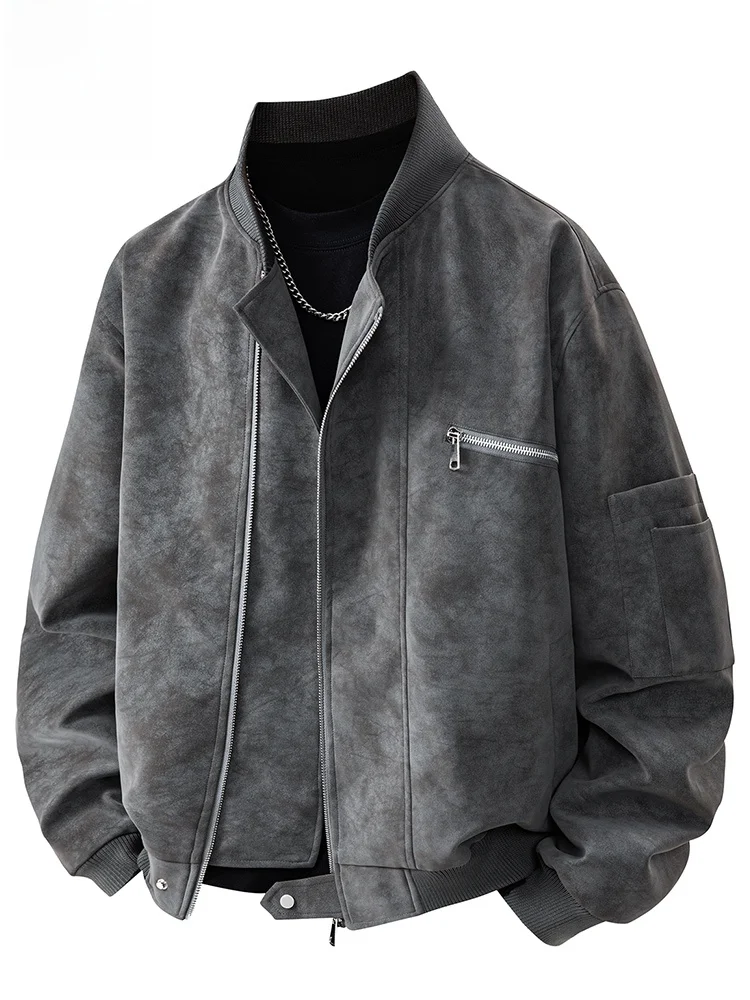 

Rn Men's Retro Leather Jaet Loose Casual Baseball Collar Dyeing PU Jaet Faionable Urban Sle Windproof Zipper Closure