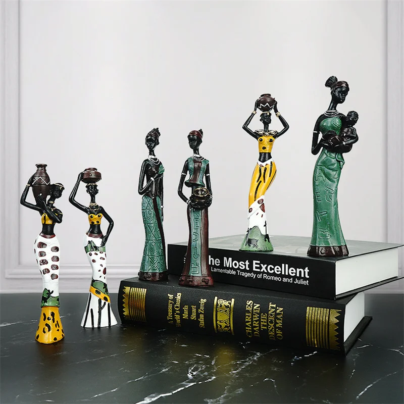 3pcs African Women Statues Exotic Tribal Lady Sculpture Vintage Collect Art Home Office Decor