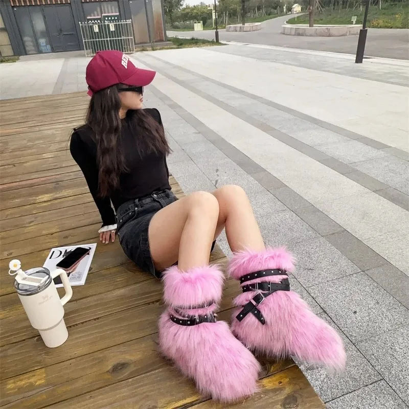 Winter Fur New Design Onepiece Raccoon Fur Female Snow Boots Fur Shoes Outdoor Mid Leg Boots Y2k Cool Pink Girl