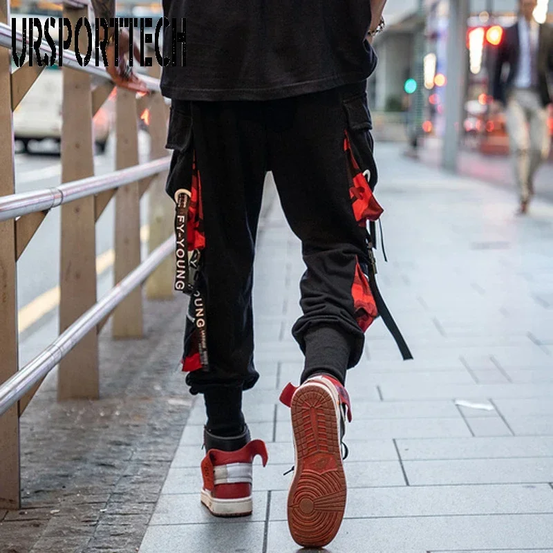 Hip Hop Joggers Men Letter Ribbons Cargo Pants Pockets Track Tactical Casual Techwear Male Trousers Sweatpants Sport Streetwear