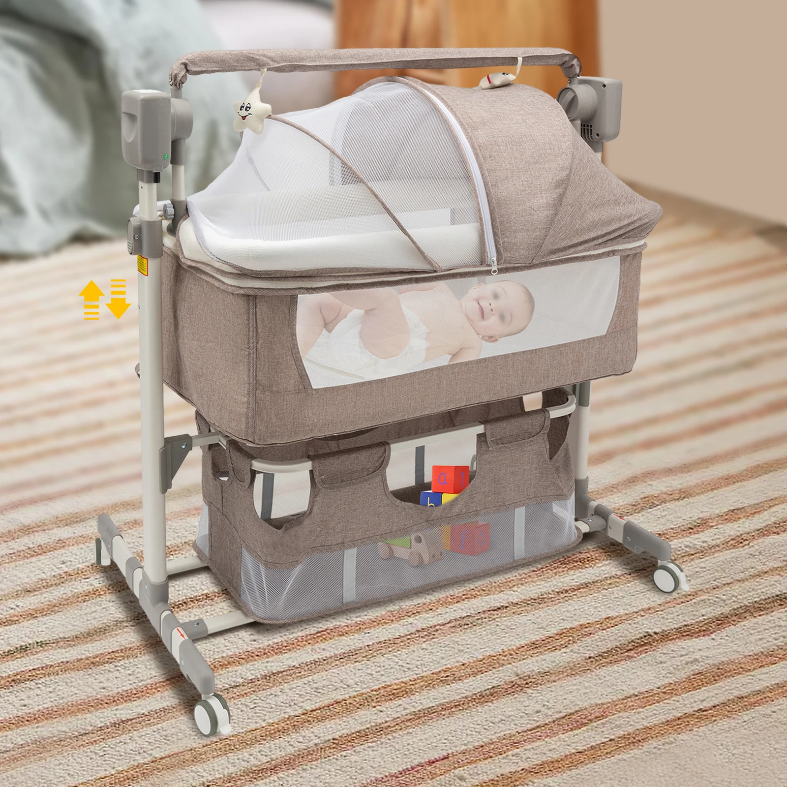 Smart Electric Baby Bassinet Bedside Sleeper with Music Play,Automatic Cradle with 3 Speed Timing and 5 Speed Wobbling,Portable Baby Bed Height Adjustable Crib,with Nets+Mattresses