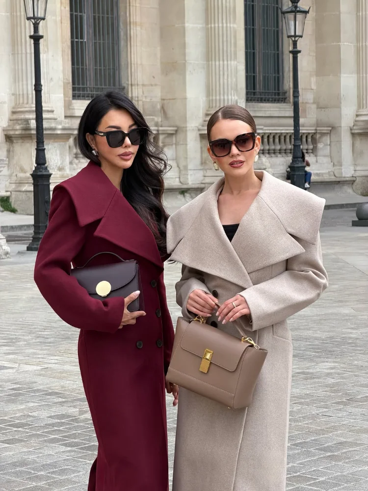 Ladies Solid Lapel Collar Cinched Waist Overcoat Double-breasted Faux Woolen Long Coat 2026 Fall Elegant Daily Fashion Outerwear