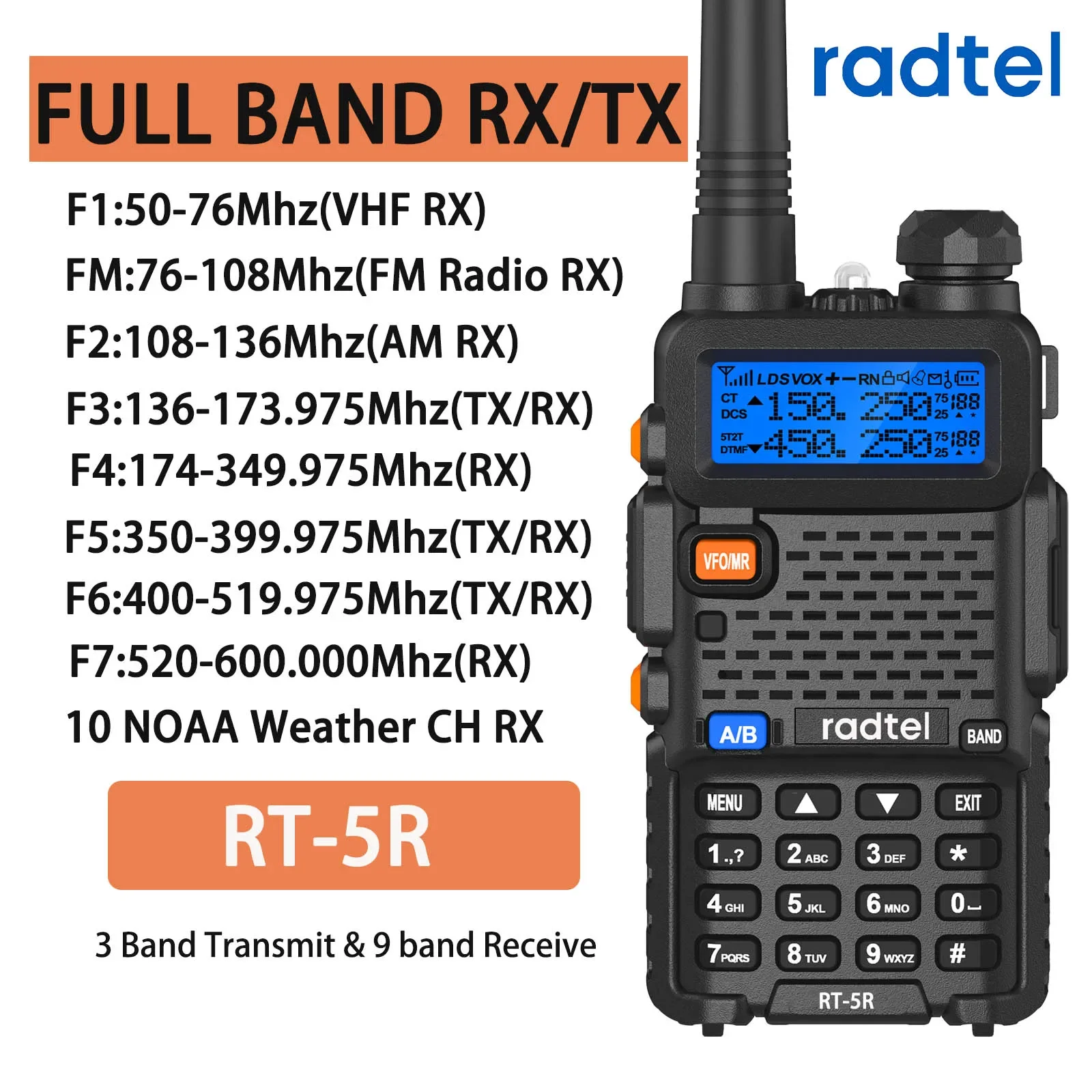 Radtel RT-5R Air Band Walkie Talkie Full Band Portable Am Fm Two Way Radio Copy Freq Scrambler NOAA Ham Wireless Set Long Range