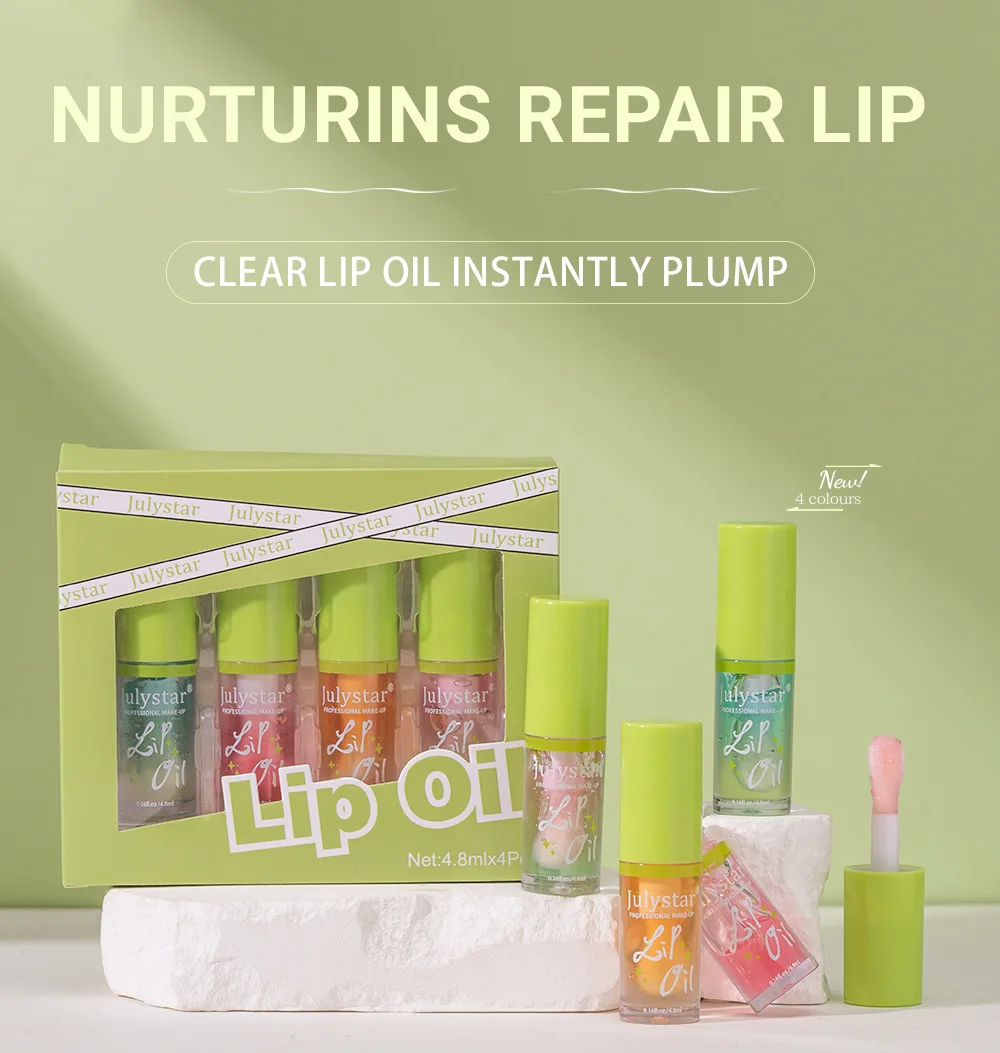 4Pcs Honeydew Flavor Lip Oil Set Applicator Wand Glossy Mirror Watery Finish Shiny Lip Gloss Nourishing Daily Lip Makeup Kit