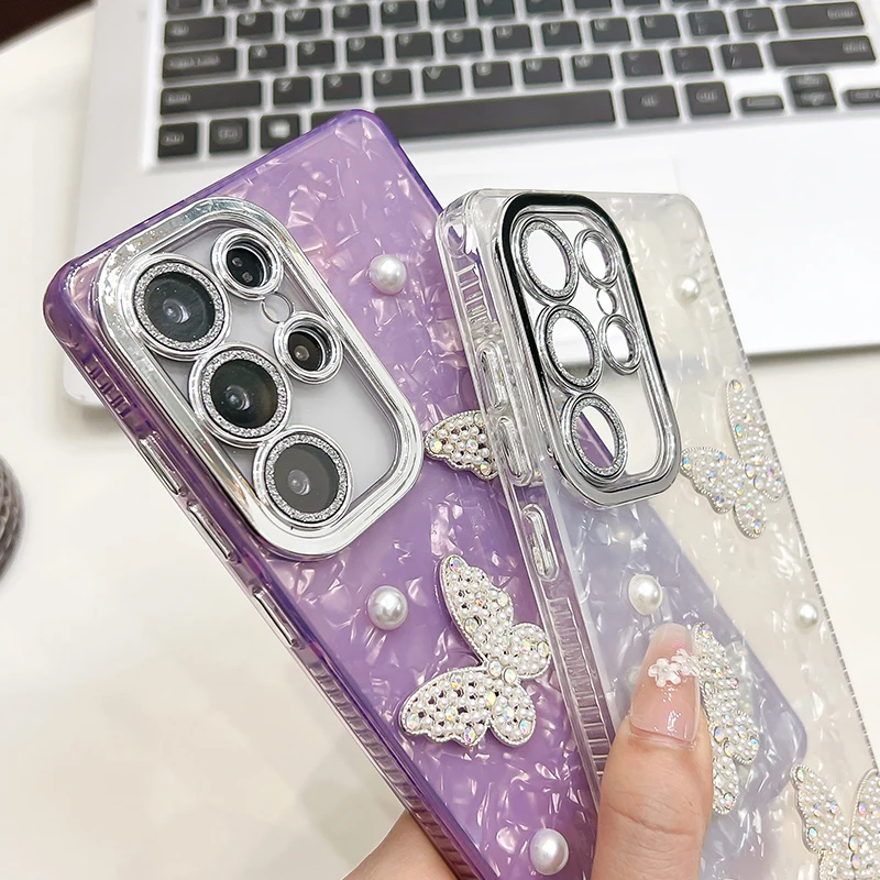 حافظة فاخرة على شكل فراشة لؤلؤية لامعة لهاتف سامسونج جالاكسي S25 Ultra S24 FE Plus S23 Ultra A16 A26 A36 A56 A15 A25 A35 A55 A54