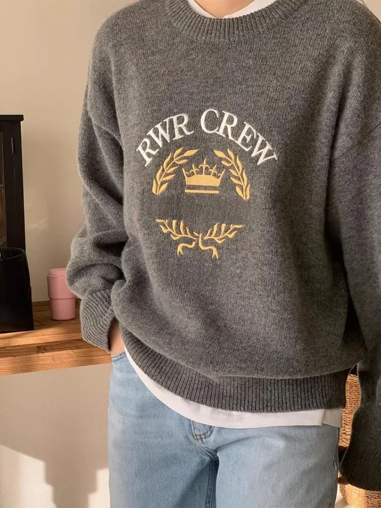 Retro Chic Long Sve Knitted Sweater Women's Heavy Embroidery Letter Pattern Flower Tassel Versatile Autumn Winter Knitwear