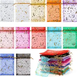 50pcs 9x12cm 11x16cm 13x18cm 17x23cm Mixed Gold Moon Star Adjustable Drawstring Pouch Bags for Wedding Gifts Organza Jewelry