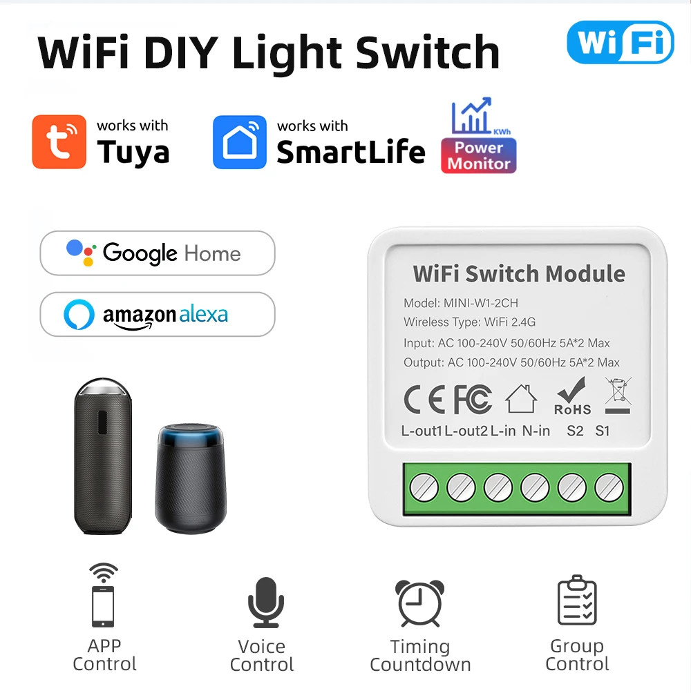 Tuya 미니 Wifi DIY 스마트 라이트 스위치 모듈 양방향 원격 제어 타이머 차단기 릴레이 1/2/3/4Gang Alexa Google 홈 스마트 라이프