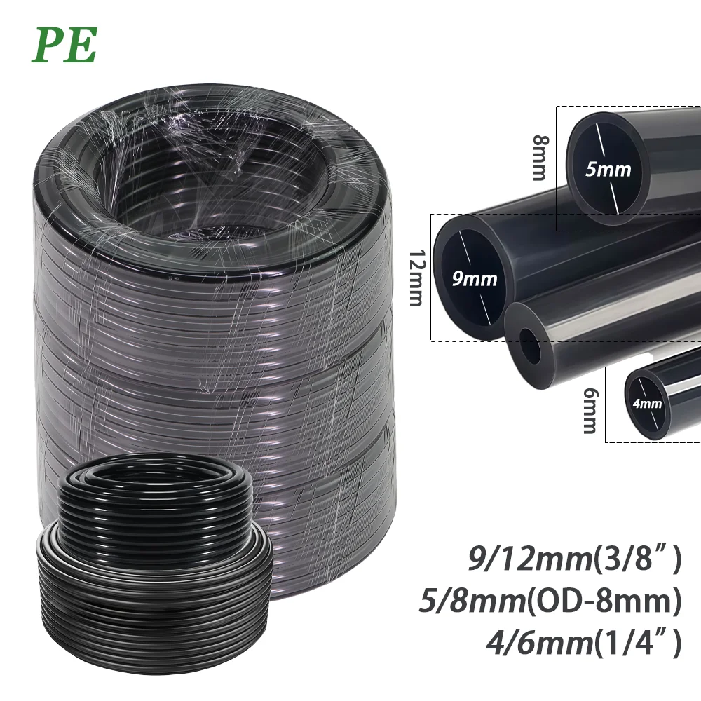 Mangueira de Jardim PE Preta 10/20/30/50M à Prova de Pressão 4/6mm 5/8mm 9/12mm Tubo de Irrigação por Gotejamento