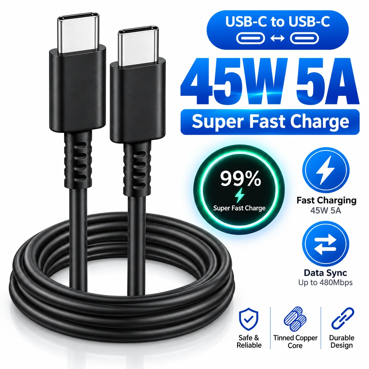 45W 5A 듀얼 USB-C PD 고속 충전 케이블, 2M 길이, 삼성 S24, S23, S22 Plus, Note20 Ultra, A55, A54, A53 휴대폰용 데이터 케이블.