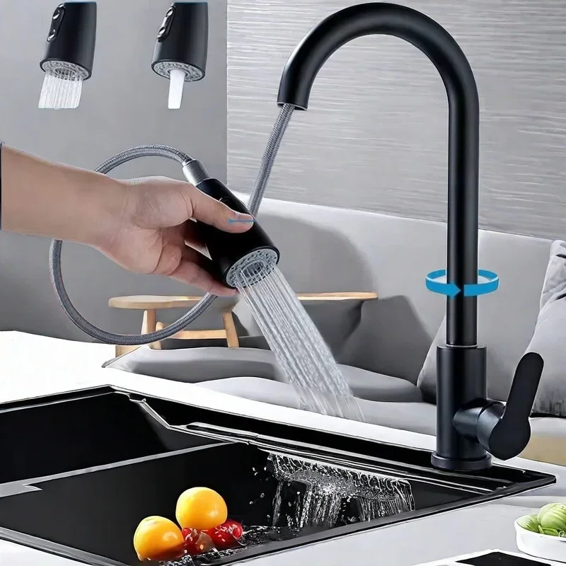 Stainless Steel Single-Hole Pull-Out Spout Kitchen Sink Mixing Faucet 360-Degree Swivel Spray Head Adjustable Flow Easy Cleaning