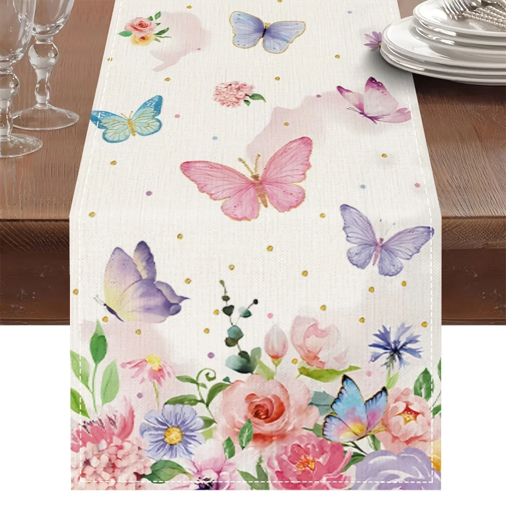 1Pc Watercolor Butterfly And Floral Style Table Runner White Base With Pink Purple Blue Accents Butterfly Flower Print Pattern T