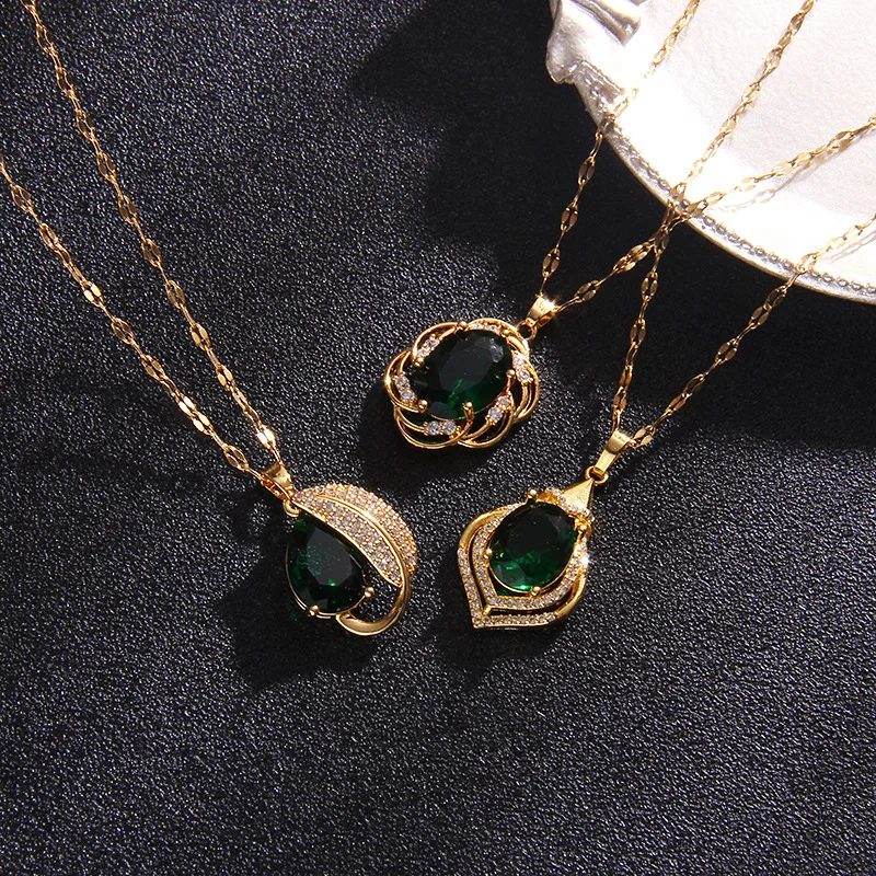 Luxury Vintage Green Zircon Pendant Necklaces for Women Lady Stainless Steel Chain Elegant Collar Accessories Jewelry Gifts
