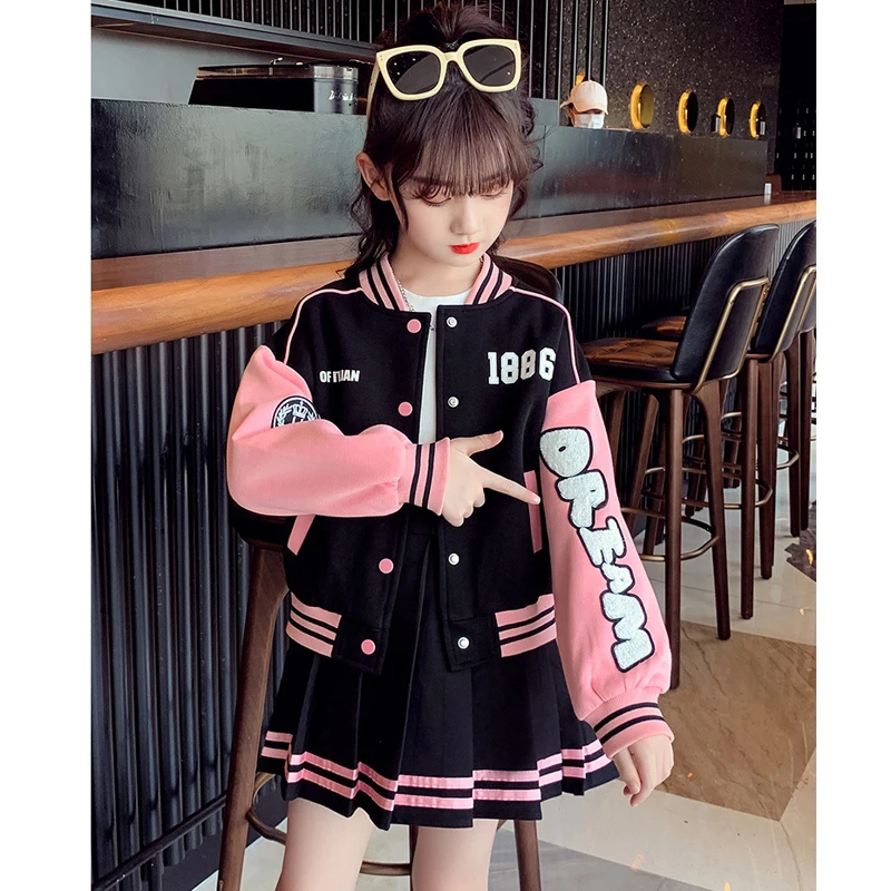 4 5 6 8 10 12 14Y Junior Girls Baseball Suit Spring  Autumn Fashion Splicing Letters Print Coats+Pleated Skirt 2Pcs Student Set