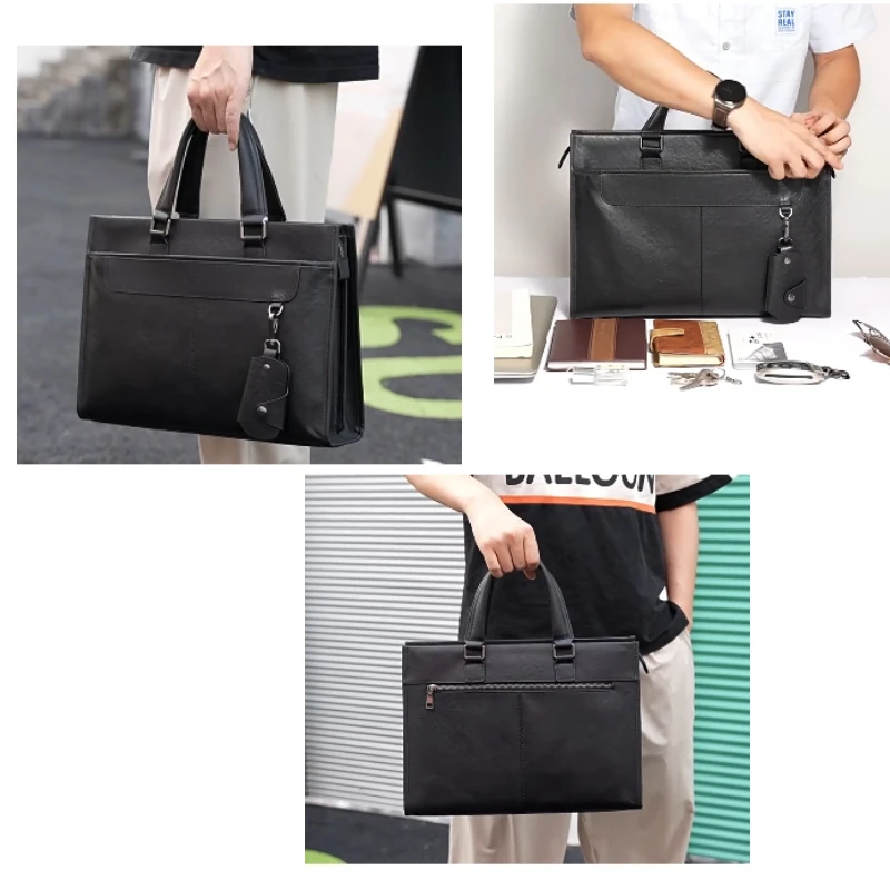 New Men Genuine Leather Briefcase Large Capacity Handbag Business Trip Computer Bag Document Case with a Detachable Key Bag