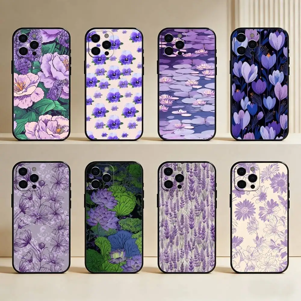 

Purple Flower Phone Case For iPhone17,16,15,14,13,12 Plus,Max Soft Silicone Black Cover
