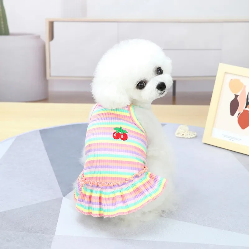 Welpen-Sommerkleidung, Haustier-Outfit, Spitze, gestreift, Hundekleid, Katzenweste, Chihuahua, Bichon, Yorkie, Hosenträgerrock, niedliches Hunde-T-Shirt – Detail 14