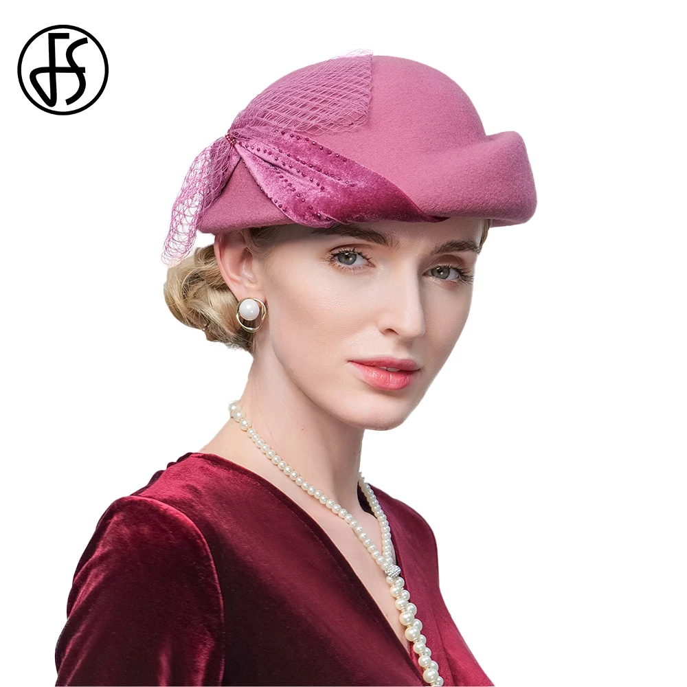 FS 2024 Vintage Pink Wool Fedoras Woman Fascinator Hat With Veil Wedding Black Elegant Church Tea Party Gray Berets Winter