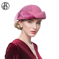 FS Vintage Pink Wool Fedoras 2025 Woman Fascinator Hat With Veil Wedding Elegant Church Tea Party Gray Berets Winter