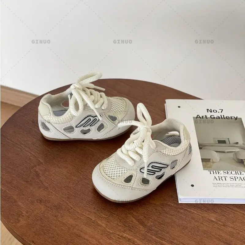 Boys' Sports Shoes Spring Summer New Girls' Leather Sandals Baby Soft Soled Casual Shoes Baby Breathable Mesh Shoes Beige Gray P