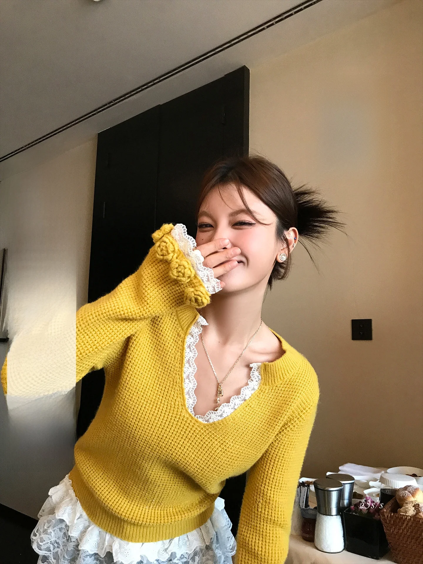 

LIONE Handmade Knitted Yellow Sweater Lace Patchwork Relaxing Feel Flower Crochet Women's Long Sve V-Ne Pullover Winter ...