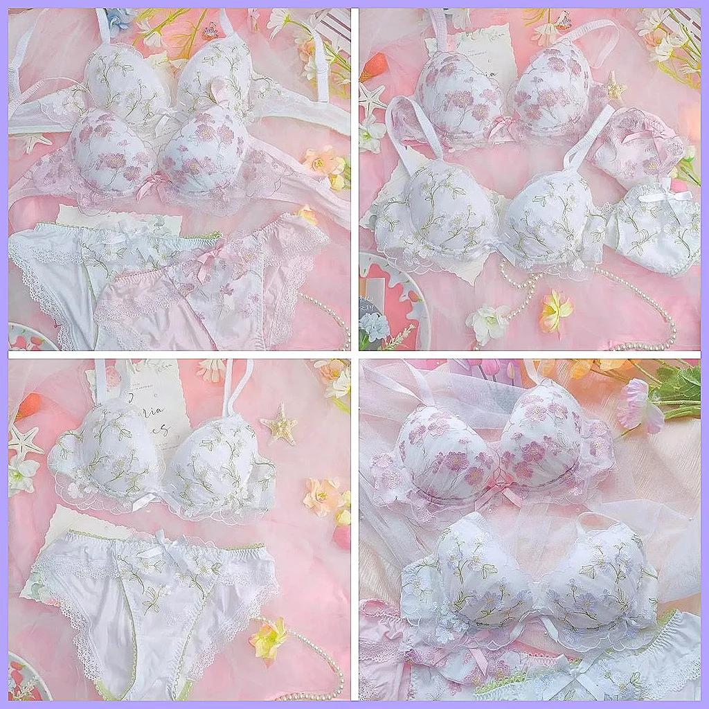 

Japanese Sweet Embroidery Lace Bra Set with Low Heart-Shaped Neckline, Comfortable Side Closure Underwear for Girls