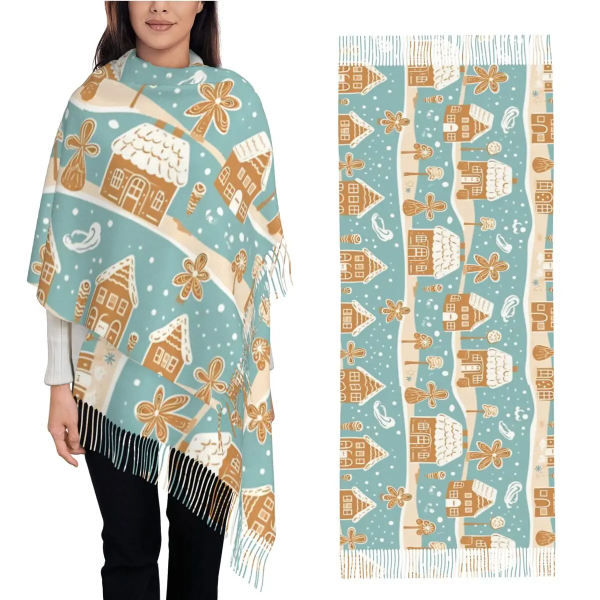 

Рождественские пряничные пляжные шаль для женщин, зимний большой длинный шарф, шарфы из пашмины с кисточками