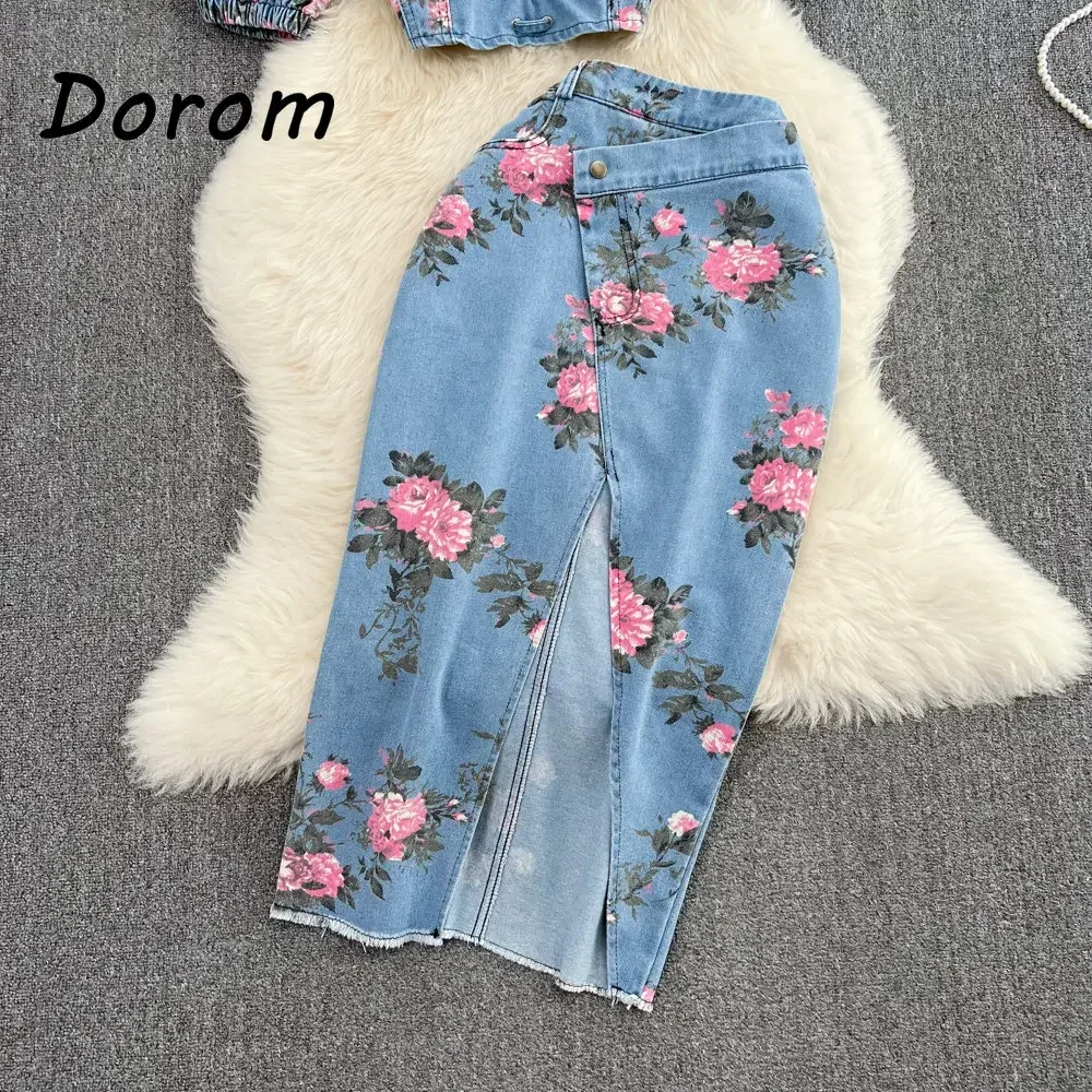 Denim w stylu Vintage z nadrukiem w kwiaty, dwuczęściowe, damskie letnie, sznurowane dżinsy z dekoltem w szpic, krótki Top, nieregularna spódnica